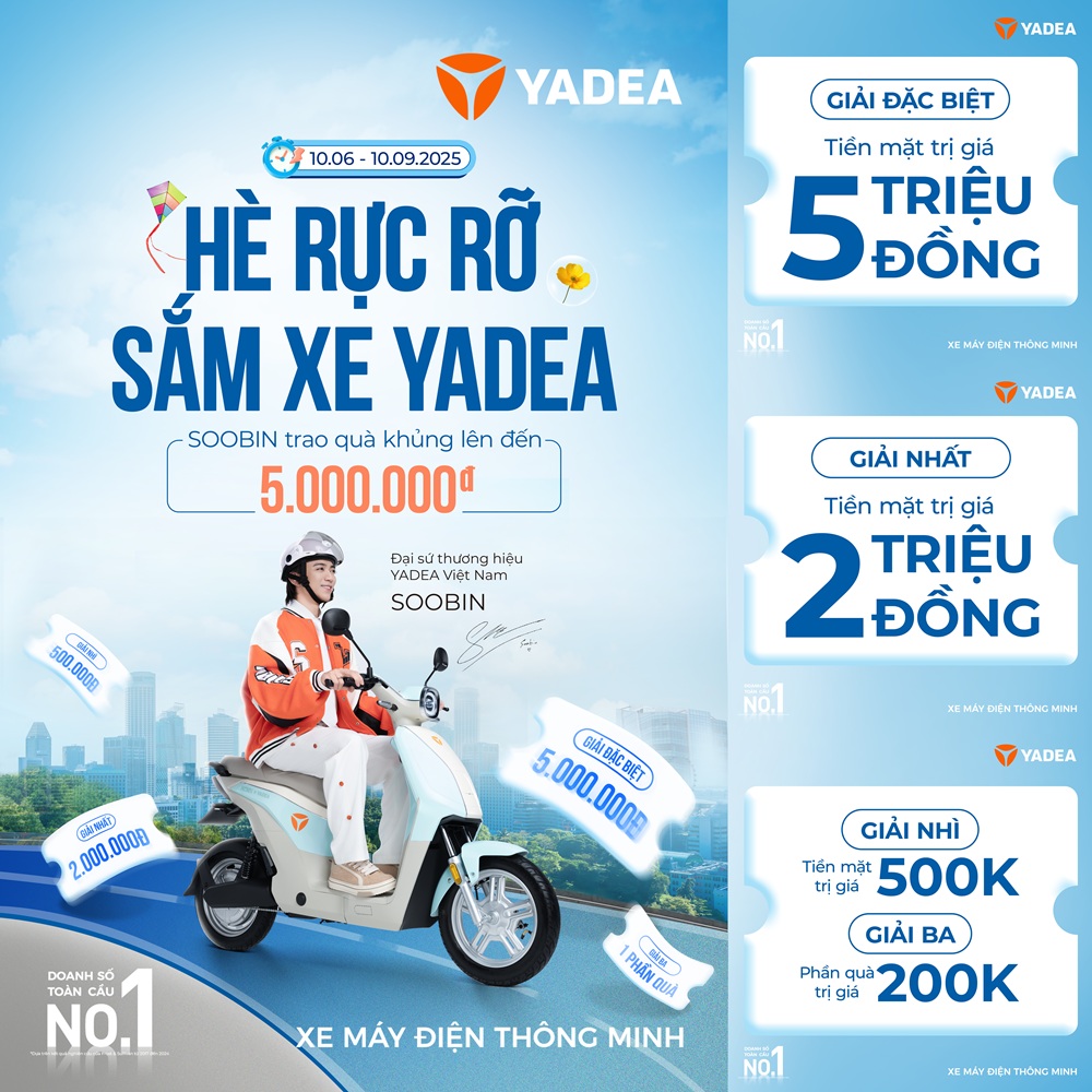 HÈ RỰC RỠ – SẮM XE YADEA, NHẬN QUÀ CỰC ĐÃ LÊN TỚI 5 TRIỆU ĐỒNG! Chào Hè Rực Rỡ cùng Yadea – Mua Xe, Nhận Quà Lên Đến 5 Triệu Đồng!
